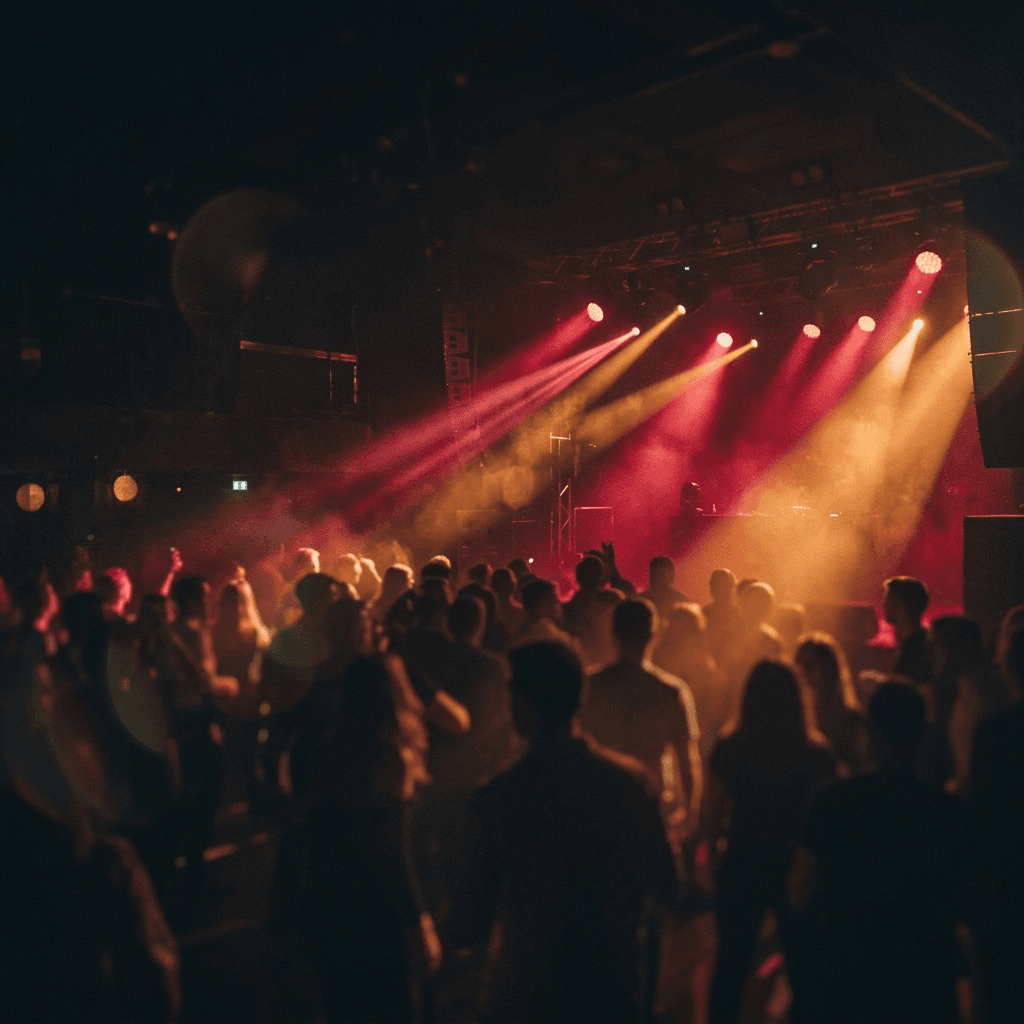 Абстрактная атмосфера вечеринки: прожекторы, дым, цветные огни в полумраке