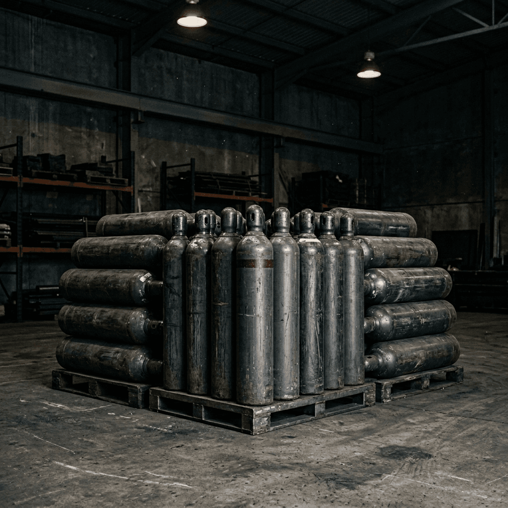 Аккуратная стопка пустых баллонов на складе